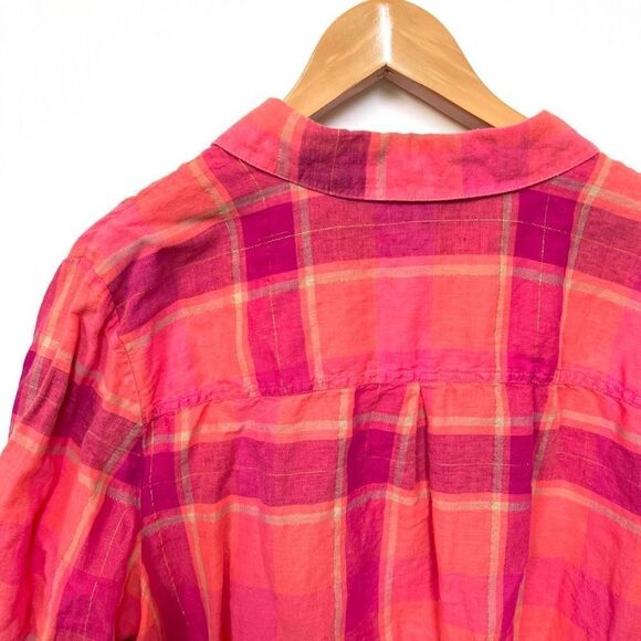 Catherines Linen Blend Plaid Button Up Shirt Top Pink Coral Gold size 1X - Picture 7 of 11